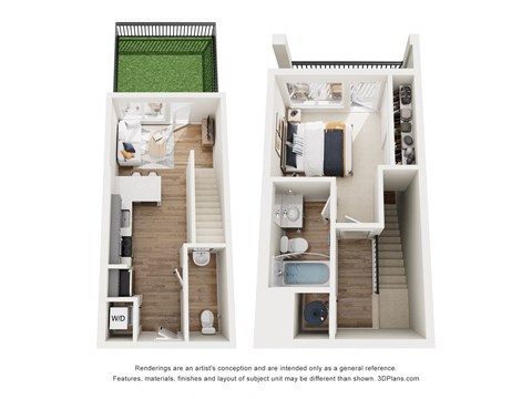Floor plan for 1 bed, 1.5 baths, 661 sqft